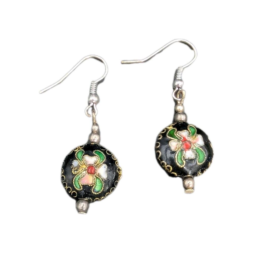 Vintage Cloisonne Black Enamel Dangle/Drop Earrings Pink Flower Bead